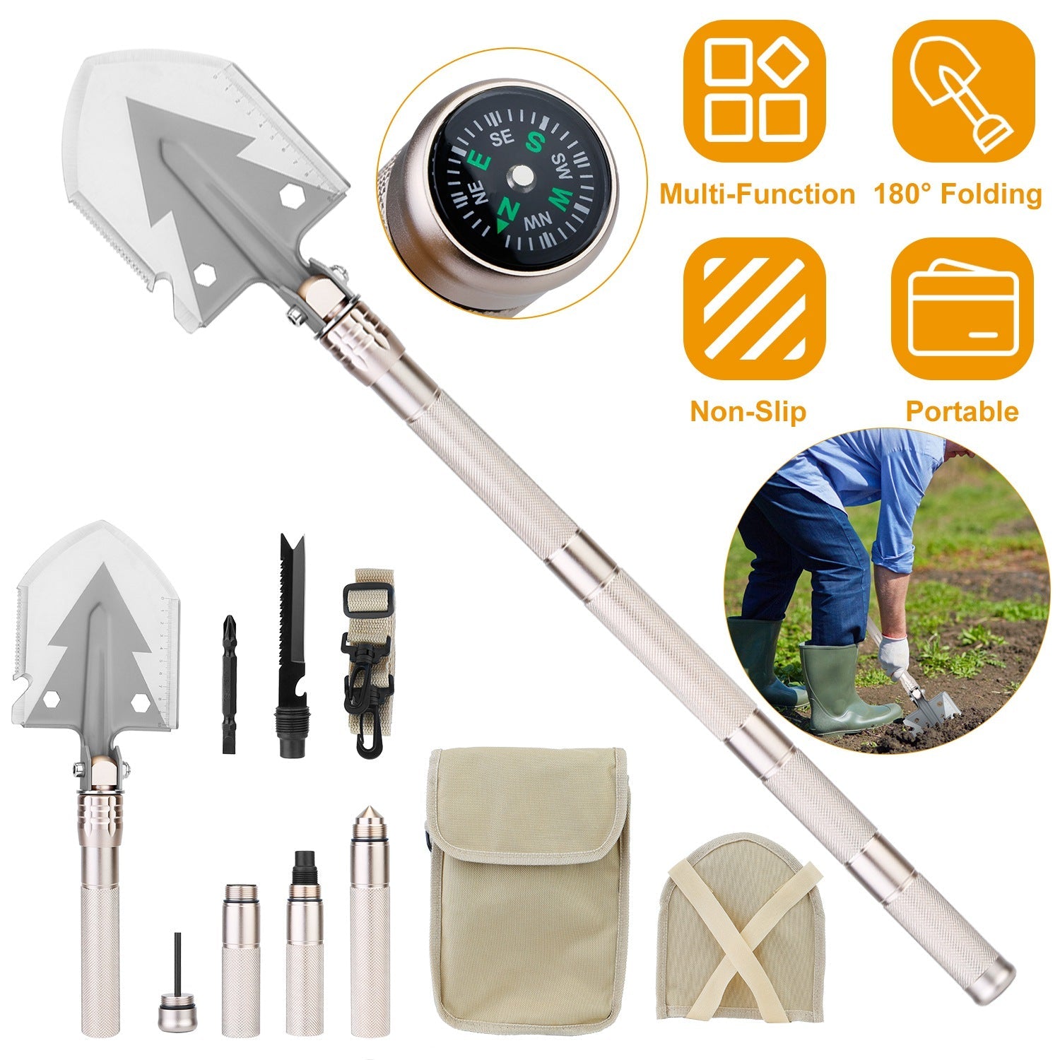 Military Folding Shovel Multifunctional Survival Emergency Spade Tactical Multi Tool For Outdoor Camping Hiking Backpacking w/ Compass