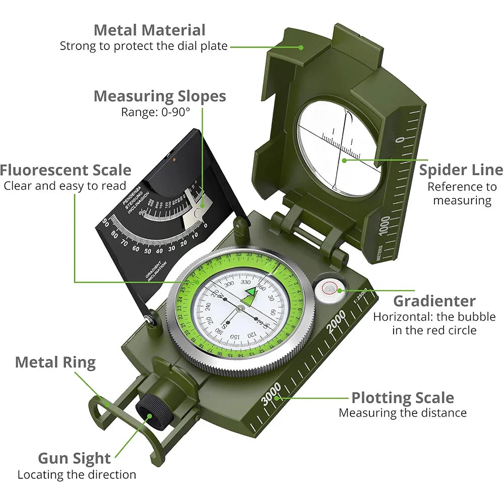 Multifunctional High-Precision Waterproof Military Compass for Camping & Hiking — Metal Survival Compass with Fluorescent Dial, 3.7 x 2.6 x 1.1 in (9.4 x 6.6 x 2.8 cm)